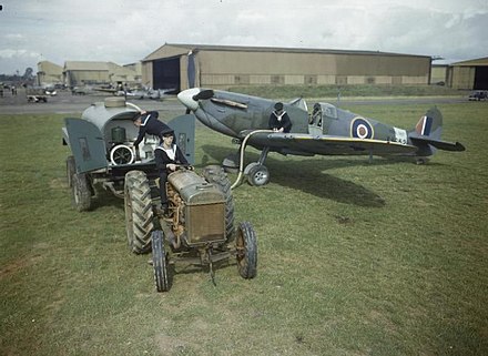 A Fleet Air Arm Supermarine Seafire being refuelled by a petrol bowser at Yeovilton in September 1943.