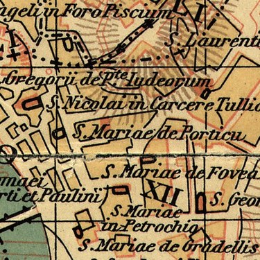 Santa Galla (här benämnd S. Mariae de Porticu) på Christian Hülsens karta över det medeltida Rom från år 1927.