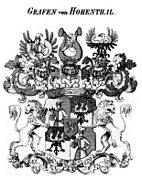 Wappen der Grafen von Hohenthal mit Schildhaltern im Tyroffschen Wappenbuch