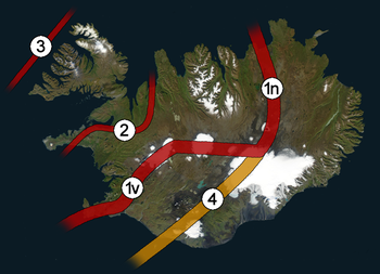 Riftzonen (Grabenbrüche) Islands:1v:
Westliche Grabenbruchzone 1n: nördliche Grabenbruchzone 2: . Snæfellsnes-Skagi Bruchzone – inaktiv 3: Westfjorde-Grabenbruchzone – inaktiv 4: östliche Vulkanzone – mutmaßlicher zukünftiger GrabenbruchDer Eyjafjallajökull befindet sich in der östlichen Vulkanzone in unmittelbarer Nähe der Südküste