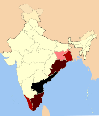 India's thorium is mostly located in a contiguous belt of eastern coastal states as placer sands. 2016 monazite reserve estimates:
.mw-parser-output .legend{page-break-inside:avoid;break-inside:avoid-column}.mw-parser-output .legend-color{display:inline-block;min-width:1.25em;height:1.25em;line-height:1.25;margin:1px 0;text-align:center;border:1px solid black;background-color:transparent;color:black}.mw-parser-output .legend-text{}
Andhra Pradesh (31%)
Tamil Nadu (21%), and Odisha (20%)
Kerala (16%), and West Bengal (10%)
Jharkhand (2%) India-locator-map-thorium2016.svg