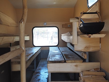 Inside a mobile sauna built into a trailer.