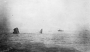 The bow and stern of battlecruiser Invincible standing upright on the bed of the North Sea after exploding during the Battle of Jutland. Rear Adm. Hood and Capt. Cay were killed along with the crew. InvincibleWrecksp2470.jpg