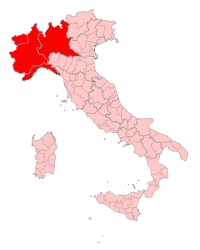 "A picture showing Northwest highlighted in red in a political map of Italy."