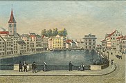 Blick von der Münsterbrücke flussabwärts, um 1882: St. Peter, Haus zum Schwert (Bildmitte), Rathausbrücke, Rathaus, Haus zum Rüden. Radierung von Heinrich Müller