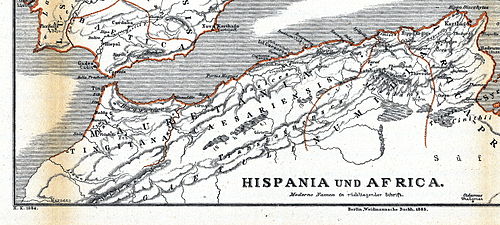 Excerpt from a German map in one of Mommsen's works, showing Portus Magnus on the coast of western Mauretania Caesariensis Karte aus dem Buch Romische Provinzen von Theodor Mommsen 1921 11.jpg