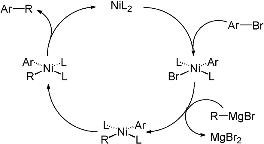 The Kumada coupling employs both a nucleophilic alkylation step subsequent to the oxidative addition of the aryl halide (L = Ligand, Ar = Aryl).