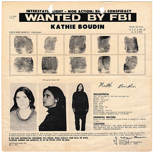 Kathy Boudin FBI wanted poster issued 1 May 1970