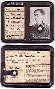 Kienzle Uhren factory ID card, from 1944, of 16 years old forced labor worker from Poland Kienzle Uhren Ausweis from WWII.jpg