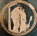 Gresk keramikkdekor fra ca. 480 f. Kr som viser et kyss mellom erastes (elsker) and eromenos (den elskede)