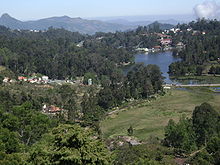 Kodaikanal lake View showing Mount Perumal, boat house, Carlton Hotel, Kodaikanal International School, fish hatchery, and Lake Road