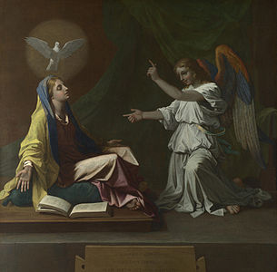 Détail de peinture. Une grande colombe entourée d'un halo se tient en l'air juste au-dessus de la tête de Marie.