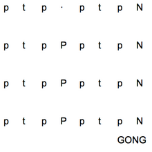 Ladrang form on the phrase making or colotomic instruments. p = kempyang, t = ketuk, [?] = pause, N = kenong, P = kempul, GONG = gong ageng. Ladrang cycle.png