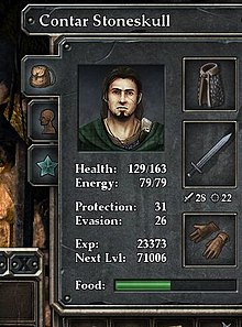 A character in the roleplaying video game Legend of Grimrock who has 23373 experience points: they need 71006 points to reach the next level Legend of Grimrock screenshot 01 (cropped).jpg