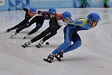 Lillehammer 2016 - Short track 1000m - Men Quarterfinals - Shaoang Liu, Kyunghwan Hong, Tjerk De Boer and Yerkebulan Shamukhanov.jpg