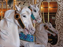 Closeup of some of the hand carved carourel horses Looff Carousel in Spokane (3508934397).jpg