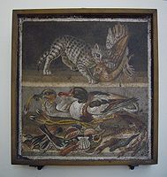 Ancient Roman mosaic with a striped cat attacking a chicken on top and two ducks on the bottom. (In the Naples National Archaeological Museum).