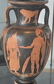 Achille e Briseide, vaso greco del cosiddetto "Pittore di Berlino della ballerina", Museo Provinciale Sigismondo Castromediano, Lecce.