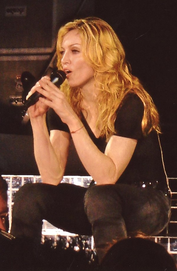 Madonna wearing a red string, performing the album's opening track, "Drowned World/Substitute for Love", on the 2006 Confessions Tour