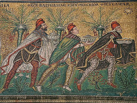 The Three Magi: Balthasar, Melchior, and Gaspar, from a late-6th-century mosaic at the Basilica of Sant'Apollinare Nuovo in Ravenna, Italy