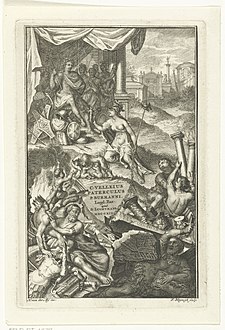 Marcus Velleius Paterculus krijgt als Romeinse veldheer wapentrofeeën aangeboden Titelpagina voor Pieter Burman, Gaius Velleius Paterculus, Leiden 1719 C. Velleius Paterculus (titel op object), RP-P-BI-1238.jpg