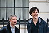 Freeman and Cumberbatch on the set of Sherlock