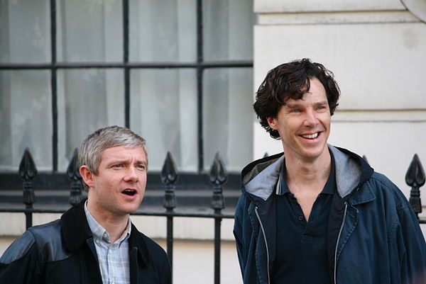 Martin Freeman and Benedict Cumberbatch filming the third series of Sherlock, August 2013