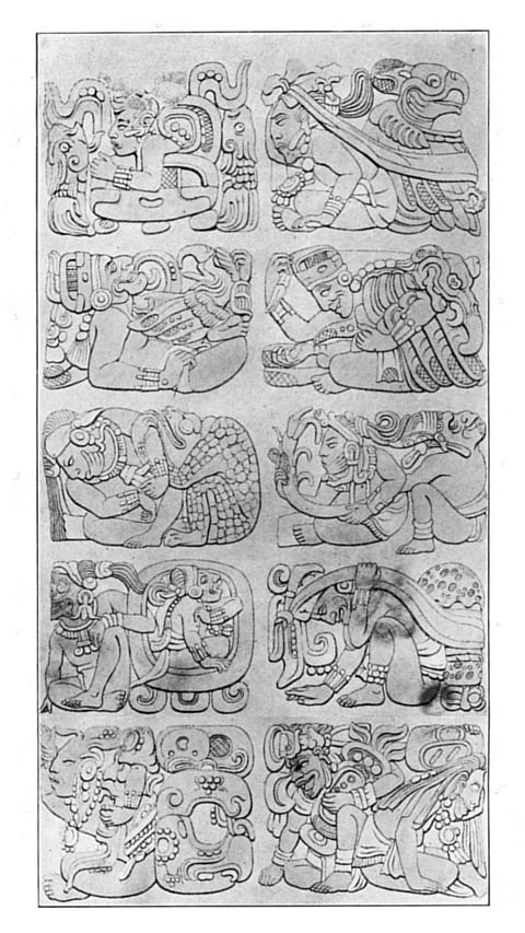 INITIAL SERIES ON STELA D, COPAN, SHOWING FULL-FIGURE NUMERAL GLYPHS AND PERIOD GLYPHS