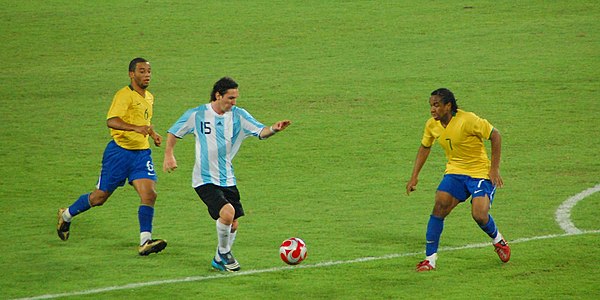 Lionel Messi during the Argentina v Brazil match in 2008, when the team won its second gold medal