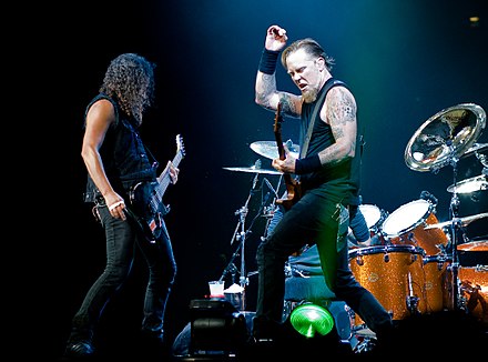 Kirk Hammett and James Hetfield of Metallica (pictured in 2008). Metallica's early work is regarded as essential to the development of the genre in the 1980s.