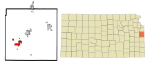 Miami County Kansas Sisällytetyt ja rekisteröimättömät alueet Osawatomie Highlighted.svg