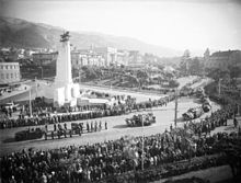 The state funeral procession for Michael Joseph Savage, April 1940 Michael Joseph Savage's funeral procession, Lambton Quay, Wellington, ca April 1940.jpg