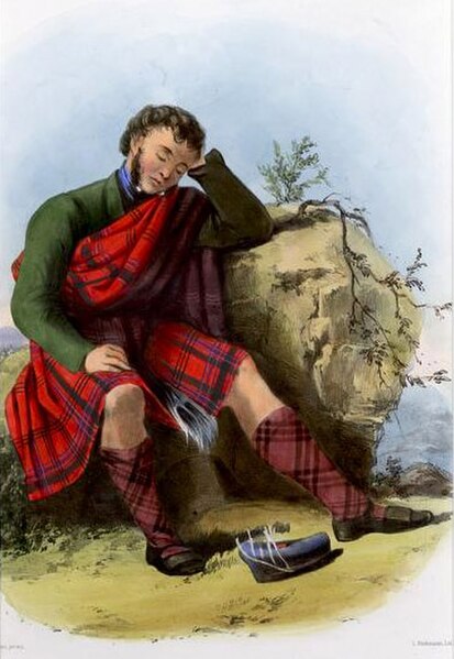 A Victorian era, romanticised depiction of a member of the clan by R. R. McIan, from The Clans of the Scottish Highlands, published in 1845.