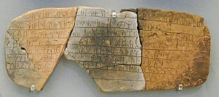 A record of Pylos, preserved by baking in the fire that destroyed the palace about 1200 BC, according to the excavator, Carl Blegen. The record must date to about 1200 BC, as the unbaked clay, used mainly for diurnal or other short-term records, would soon have disintegrated. NAMA Linear B tablet of Pylos.jpg