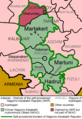 Мапа административне поделе Републике Нагорно-Карабах (у прокламованим границама после 1991. године) и неких околних области Азербејџана.