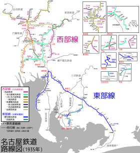 現・名鉄発足当時の路線図。東部線・西部線は双方の線路が繋がっていない独立線区であった。