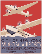 Works Progress Administration (WPA) poster promoting the LaGuardia Airport project (1937) New York City municipal airports, WPA poster, ca. 1937.svg
