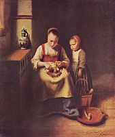 A Woman scraping Parsnips, with a Child standing by her label QS:Len,"A Woman scraping Parsnips, with a Child standing by her" label QS:Lpl,"Kobieta obierająca pasternak, z dzieckiem stojącym obok niej" label QS:Lnl,"Vrouw die pastinaken aan het schillen is met naast haar een kind" 1655. oil on panelmedium QS:P186,Q296955;P186,Q106857709,P518,Q861259. 35.6 × 29.8 cm (14 × 11.7 in). London, National Gallery .