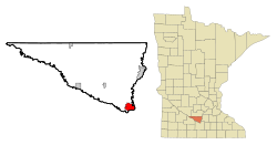 Location of the city of North Mankato within Nicollet and Blue Earth Counties in the state of Minnesota