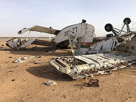 Two wrecked An-2R aircraft, both from Bask Air, at Agadez Airport in Niger