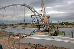 South bank of North Shore Footbridge during construction North Shore Footbridge, Stockton-on-Tees, under construction (geograph 904211).jpg
