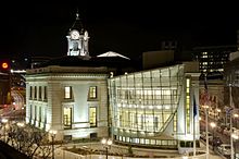 Exterior of Old Town Hall at night after expansion and renovation. Old Town Hall Stamford, CT.jpg