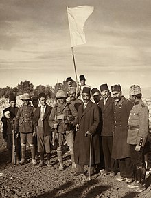 A white flag displayed during the Ottoman surrender of Jerusalem to the British on 9 December 1917 Ottoman surrender of Jerusalem restored.jpg