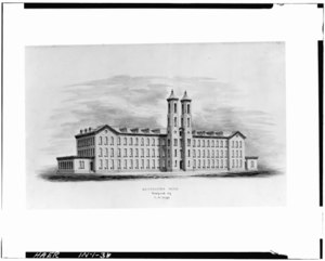 Architectural drawing of the Cannelton Cotton Mill. PHOTOCOPY OF ARCHITECTURAL WASH DRAWING OF CANNELTON MILL 'designed by Tefft' COURTESY JOHN HAY LIBRARY, BROWN UNIVERSITY - Cannelton Cotton Mill, Front and Fourth Streets, HAER IND,62-CANN,2-38.tif