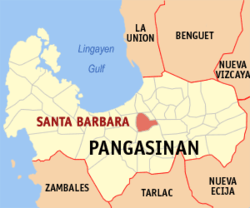 Mapa ng Pangasinan na nagpapakita sa lokasyon ng Santa Barbara.