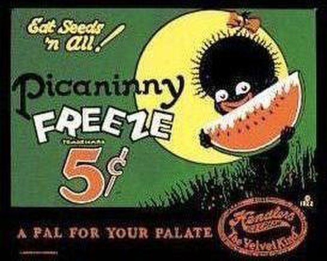 Reproduction of a tin sign from 1922 advertising Picaninny Freeze, a frozen treat