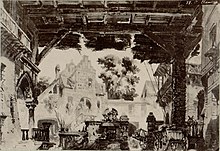 Piccolo cortile: casa di coloni intorno porticato, set design for Claudia (1866).