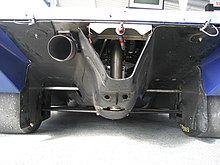 The rear diffuser of an IMSA-spec 962. The exhaust pipe and rear suspension are within the Venturi tunnels, while the gearbox and airjacks are in the center shroud. Porsche 962 119 diffuser.jpg