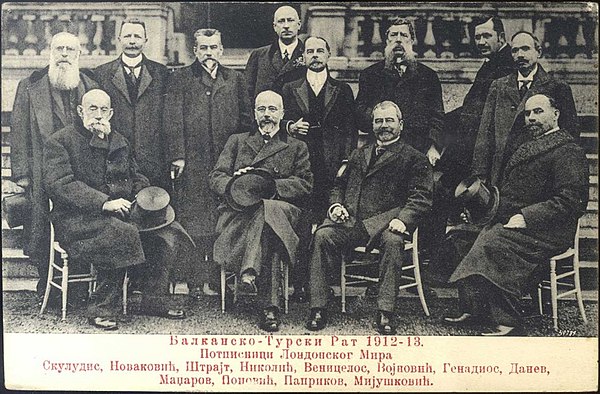 Novaković (the first man sitting on the left) representing Serbia at London Conference of 1912–13