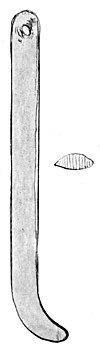 A long eardrop; straight for most of the length with a curve at the bottom carved from greenstone. Also shown is a top view.